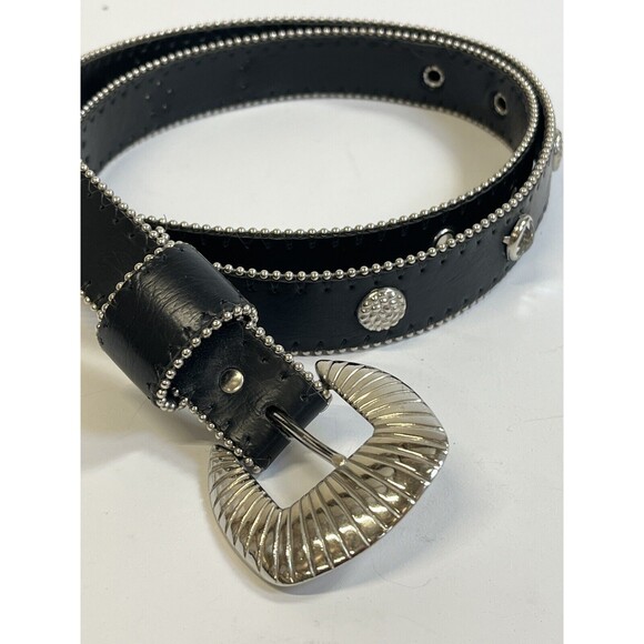 BLACK LEATHER SILVER BUCKLE STUDDED RHINESTONE WESTERN BELT BLING Sz Med 36 INCH - Picture 5 of 6